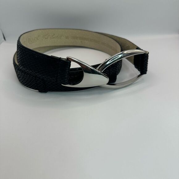 WHBM Black Leather Belt with Silver Buckle Detail Size M/L NWOT - Picture 4 of 8